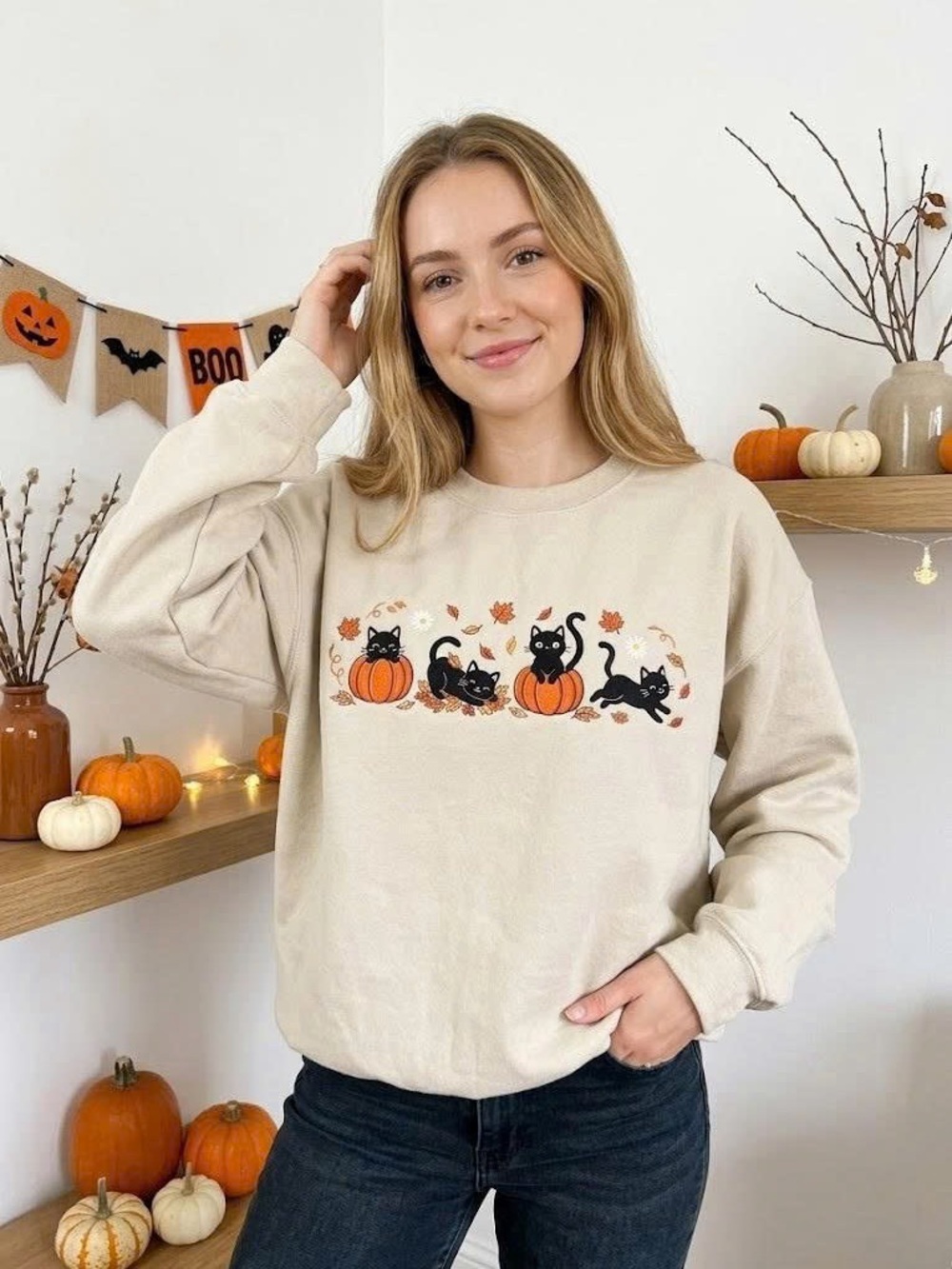 Vintage Black Cats Pumpkin Sweatshirt Cute Fall Halloween Graphic Crewneck - Picture 2 of 6